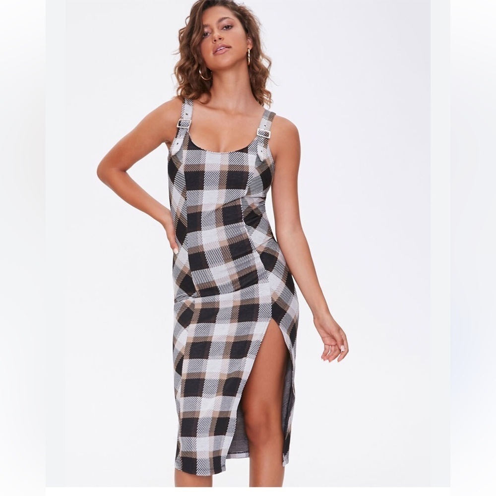 NWT Forever 21 Taupe/Multi Check Plaid Sleeveless Midi Dress Y2K Size Medium